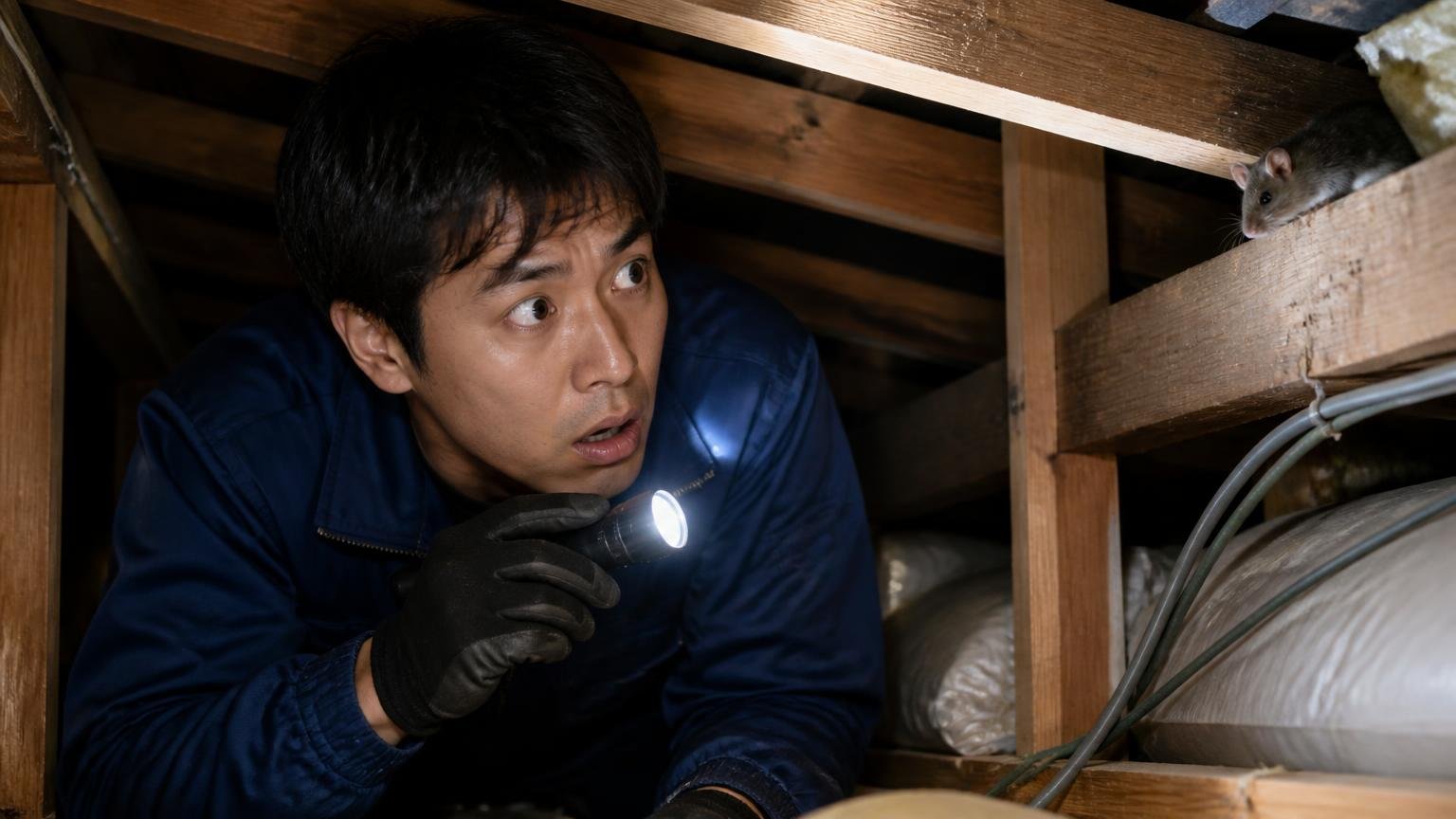 相手がクマネズミかもしれない。木造戸建ての天井裏を懐中電灯で照らす男性1人が息をのむ表情