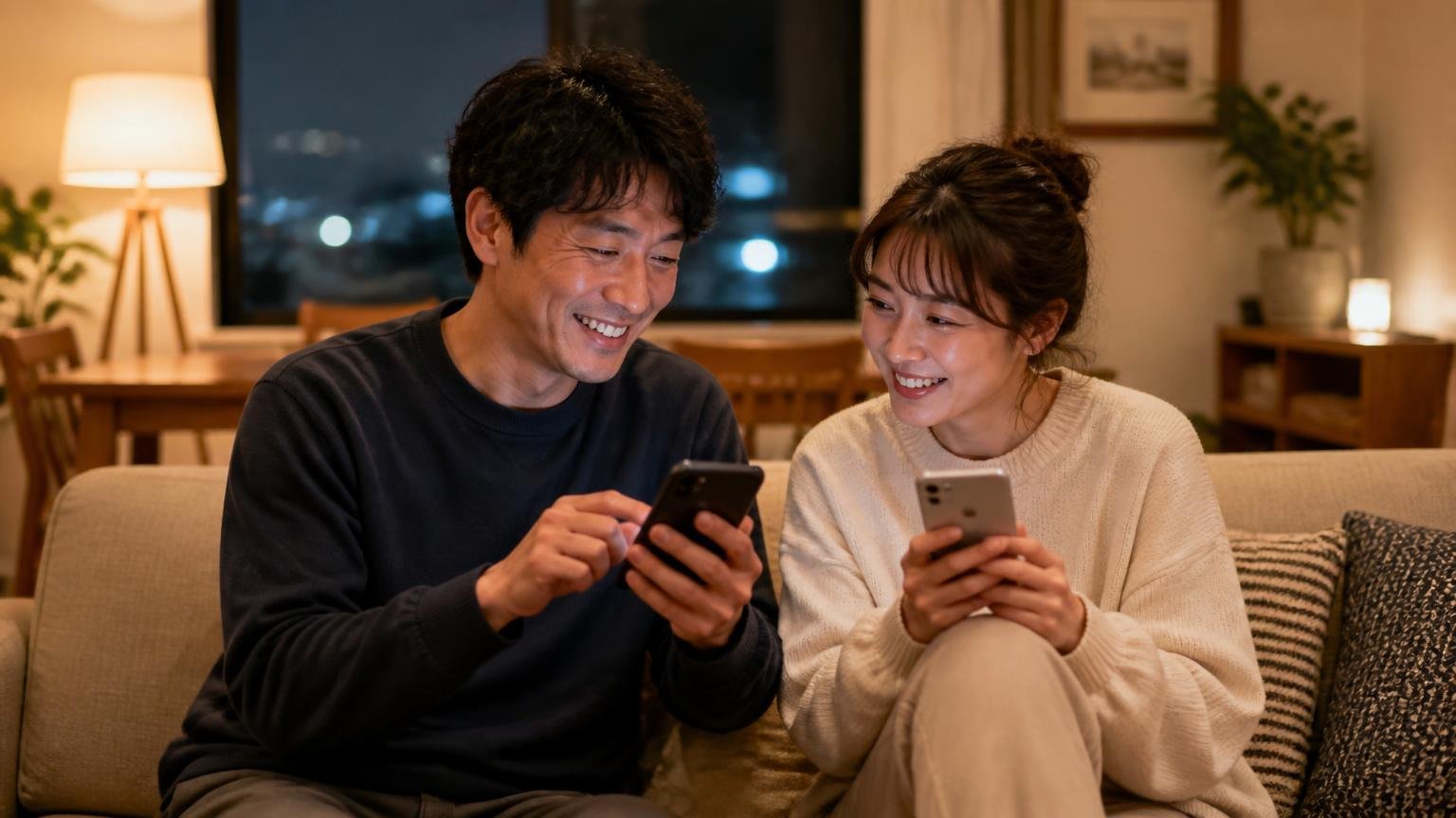 今日できる最初の一歩を踏み出す。夜のリビングで夫婦2人がスマホを見ながら安心した表情で話す