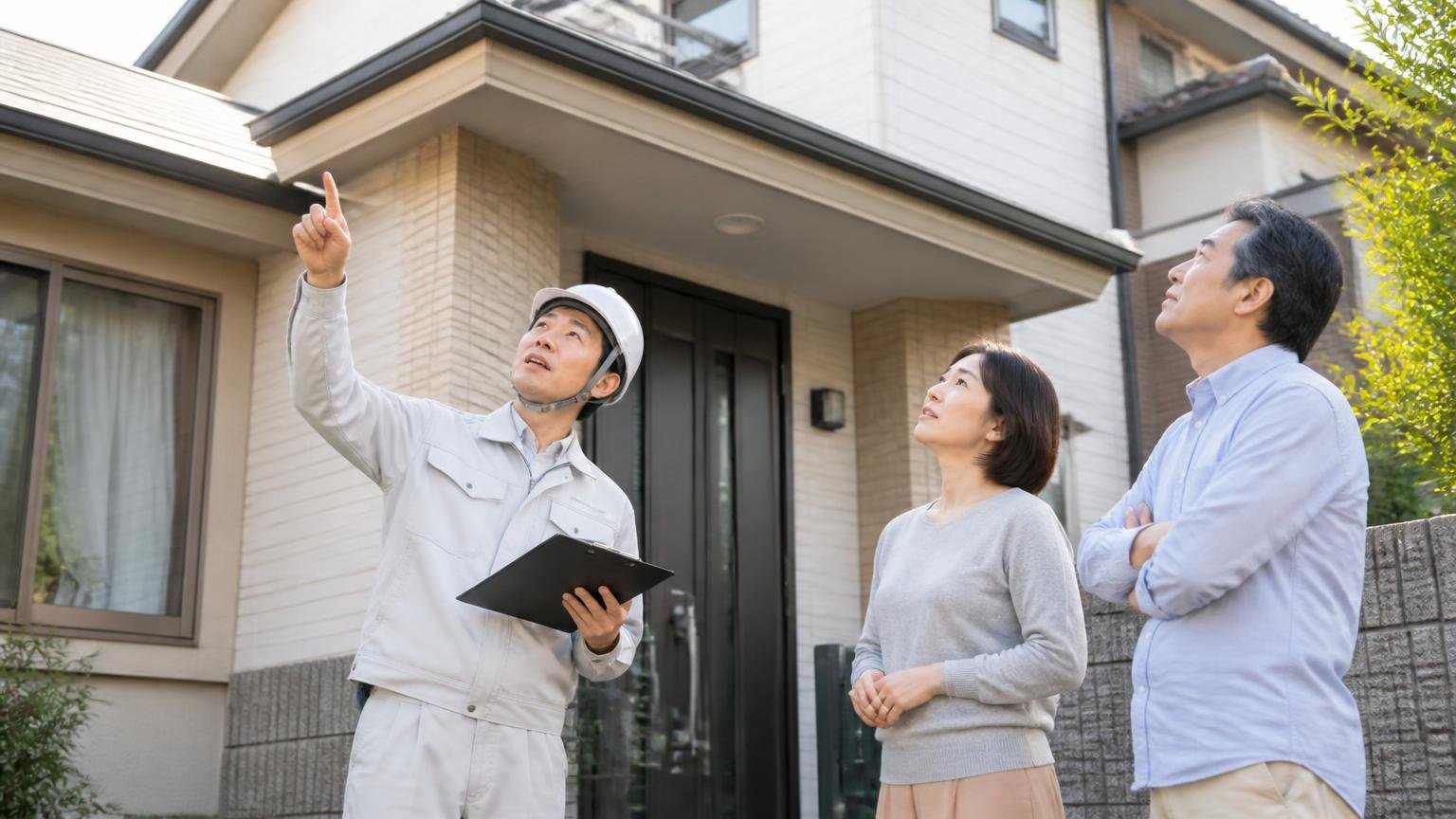 まずは無料の現地調査で侵入口の数を知る|玄関前で作業員と住人2人が屋根を見上げて打ち合わせ
