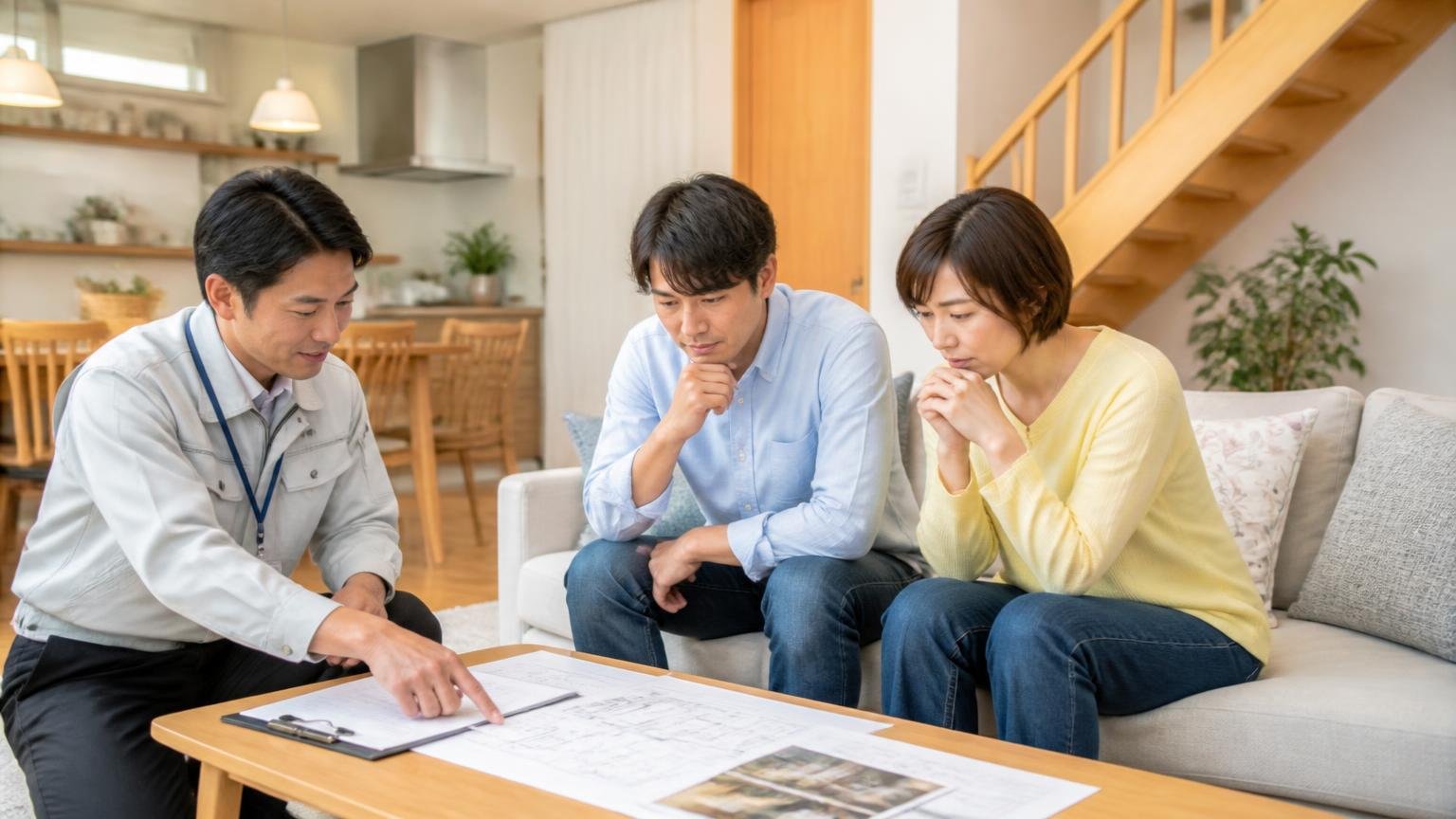 無料の現地調査を依頼する 木造戸建てのリビングで作業員1人と住人2人が調査結果を確認する
