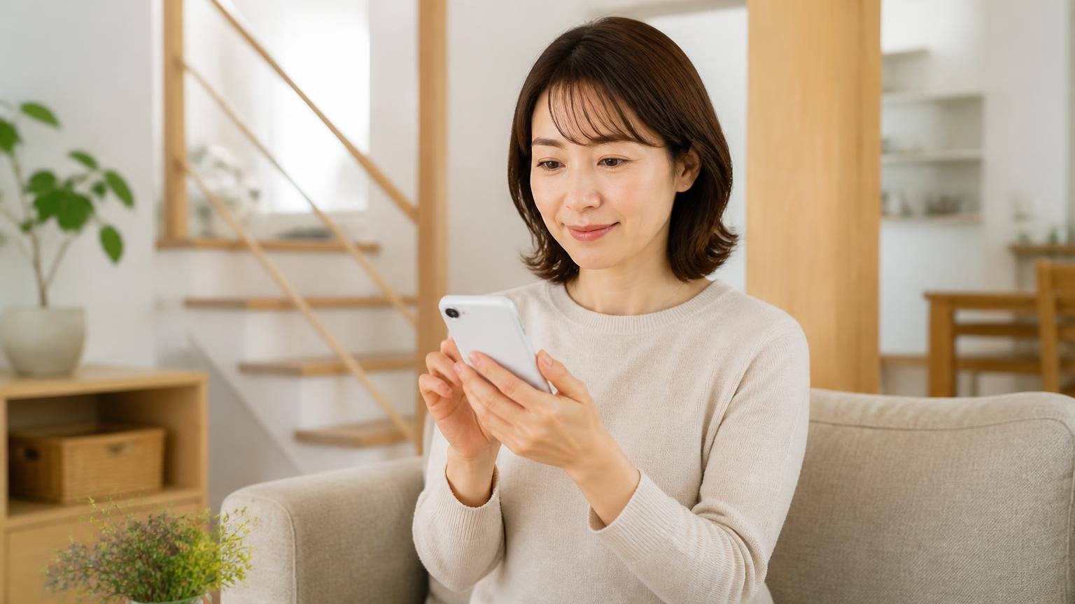無料の現地調査を申し込む。木造戸建てのリビングでスマホを手に問い合わせる30代女性が穏やかな表情