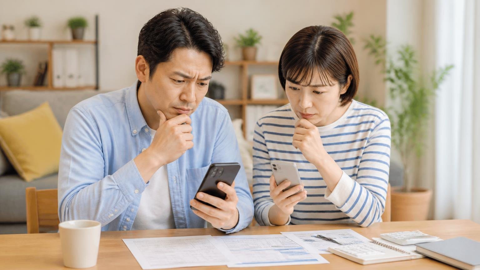 相見積もりの1社目を決める｜リビングのテーブルで夫婦2人がスマホで見積もりを比べる
