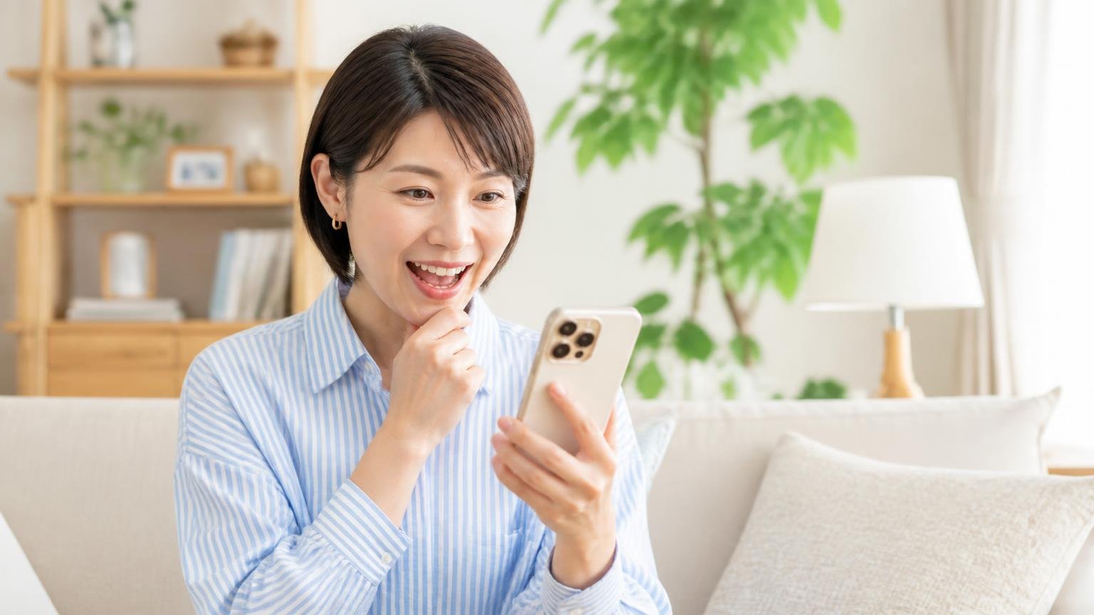 相見積もりの1社目に入れておきたい害獣駆除業者。リビングでスマホを手にした女性1人が明るい表情