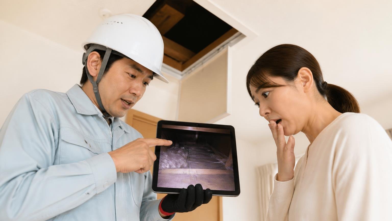 まずは無料の現地調査で天井裏のいまを見てもらう、住宅の点検口の下で作業員が撮影した写真を30代女性に見せて説明する