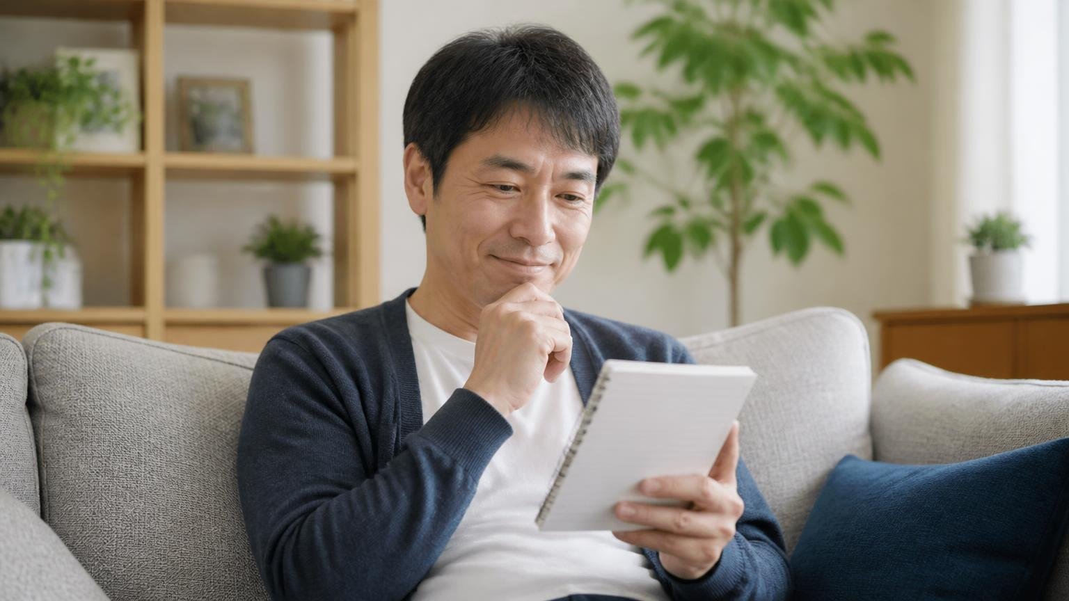 この記事の要点を3行で|リビングのソファでメモを読み返して納得した表情の40代男性1人