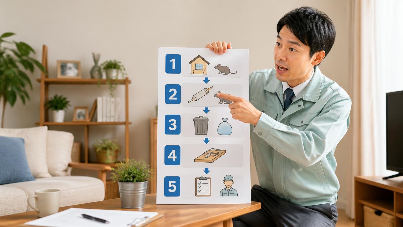 自治体が示すねずみ対策の正しい順番/リビングで男性1人が手順表を指さして力強く説明する