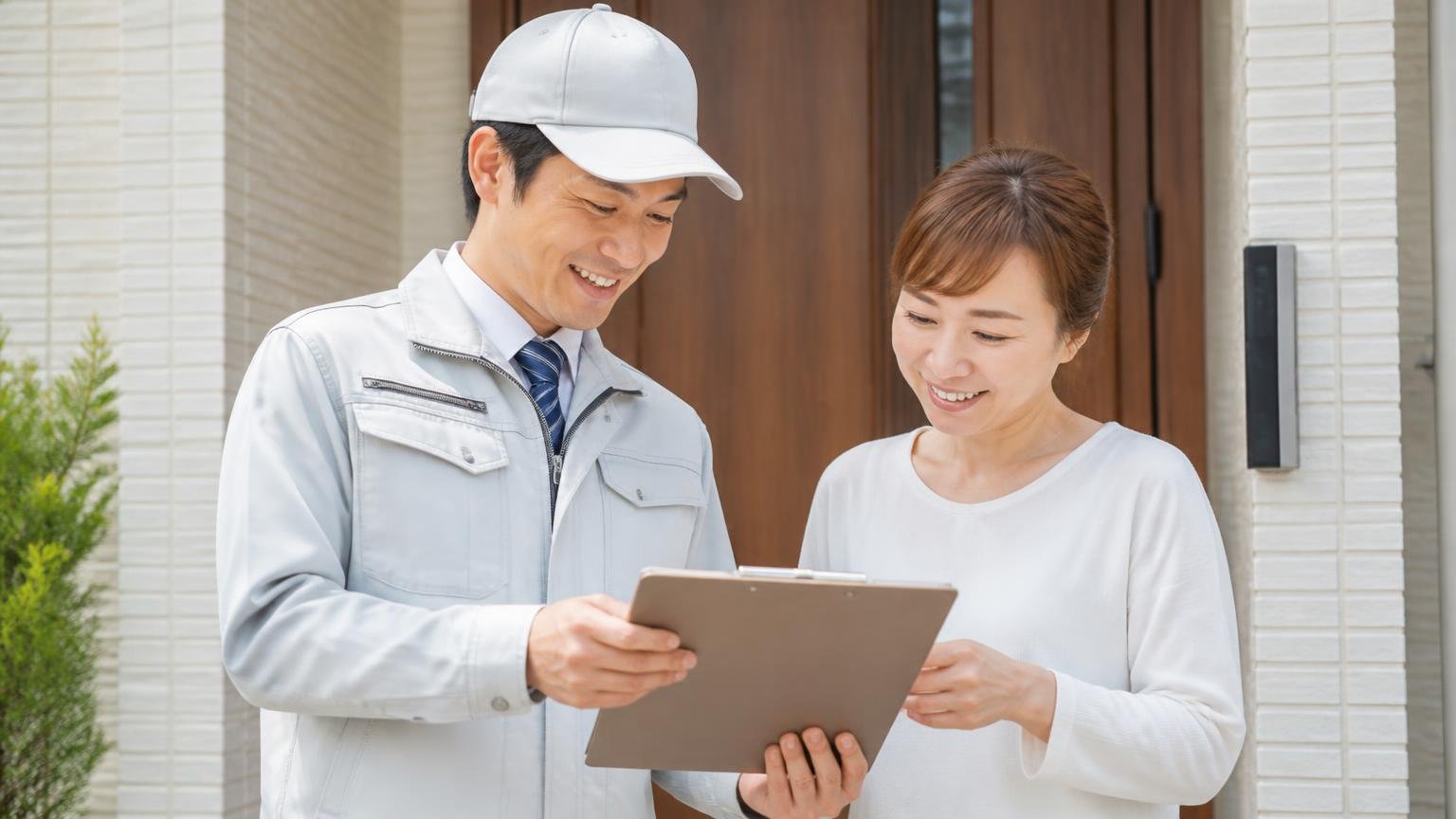 天井裏の音を終わらせる無料調査。玄関前で作業員1人と住人1人が笑顔で書類を確認する