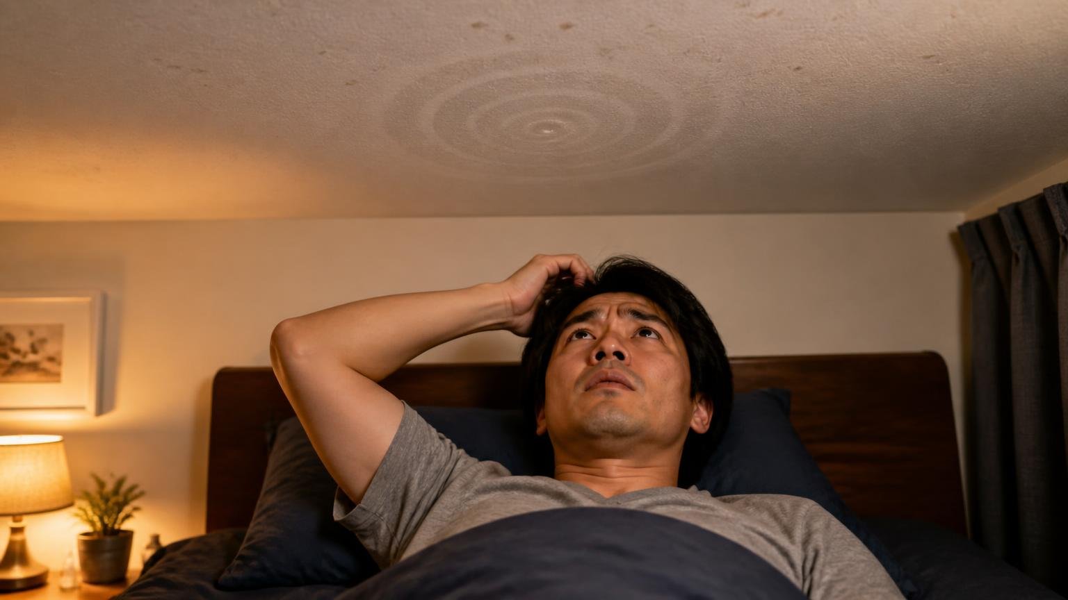 天井裏の音を終わらせたいならまずどこから入られているかから。夜の寝室で天井を見上げる30代男性
