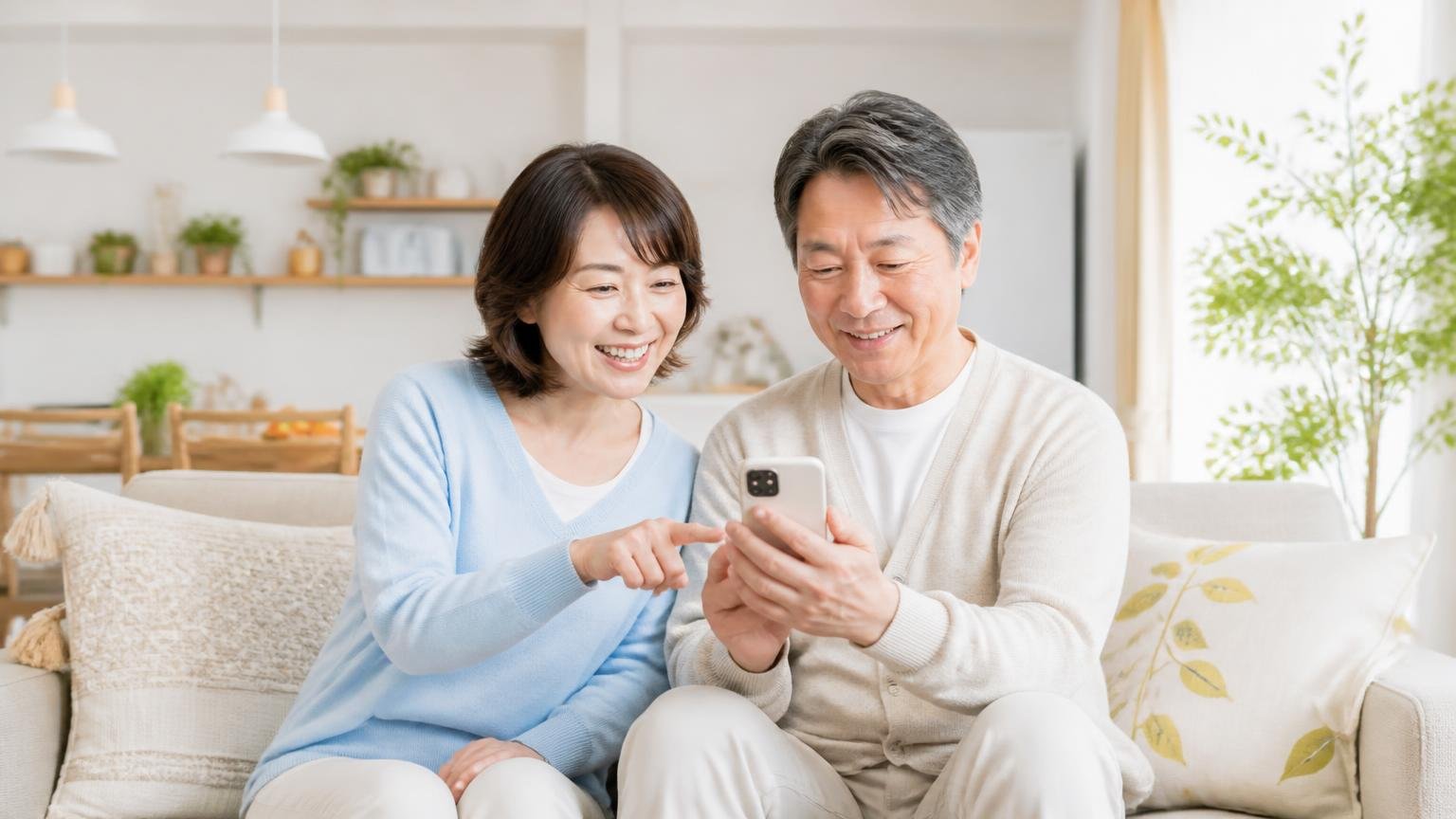 まずは無料の現地調査から 明るいリビングで50代夫婦が笑顔でスマホから問い合わせをする