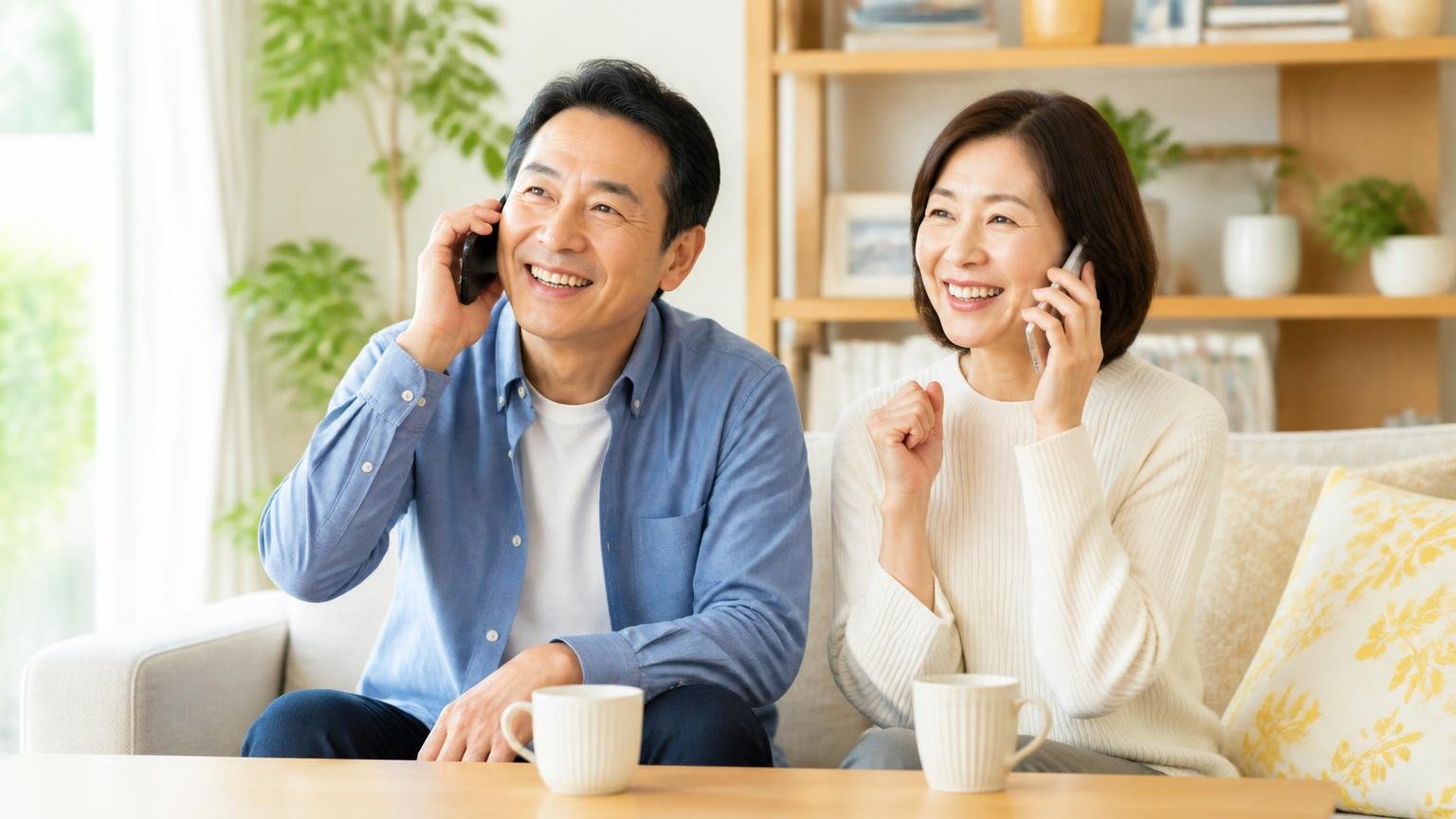 まずは無料の現地調査から始めたい方へ|明るいリビングで夫婦2人が電話をかけ安心した笑顔