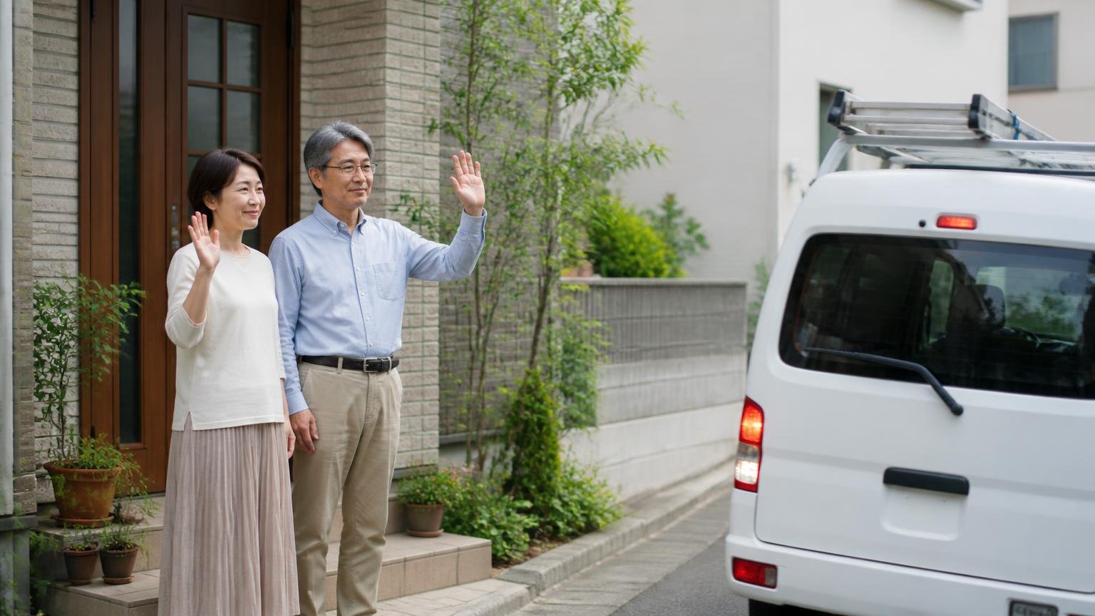 無料で見てもらえる業者。玄関前で作業車を見送る穏やかな表情の住人夫婦2人
