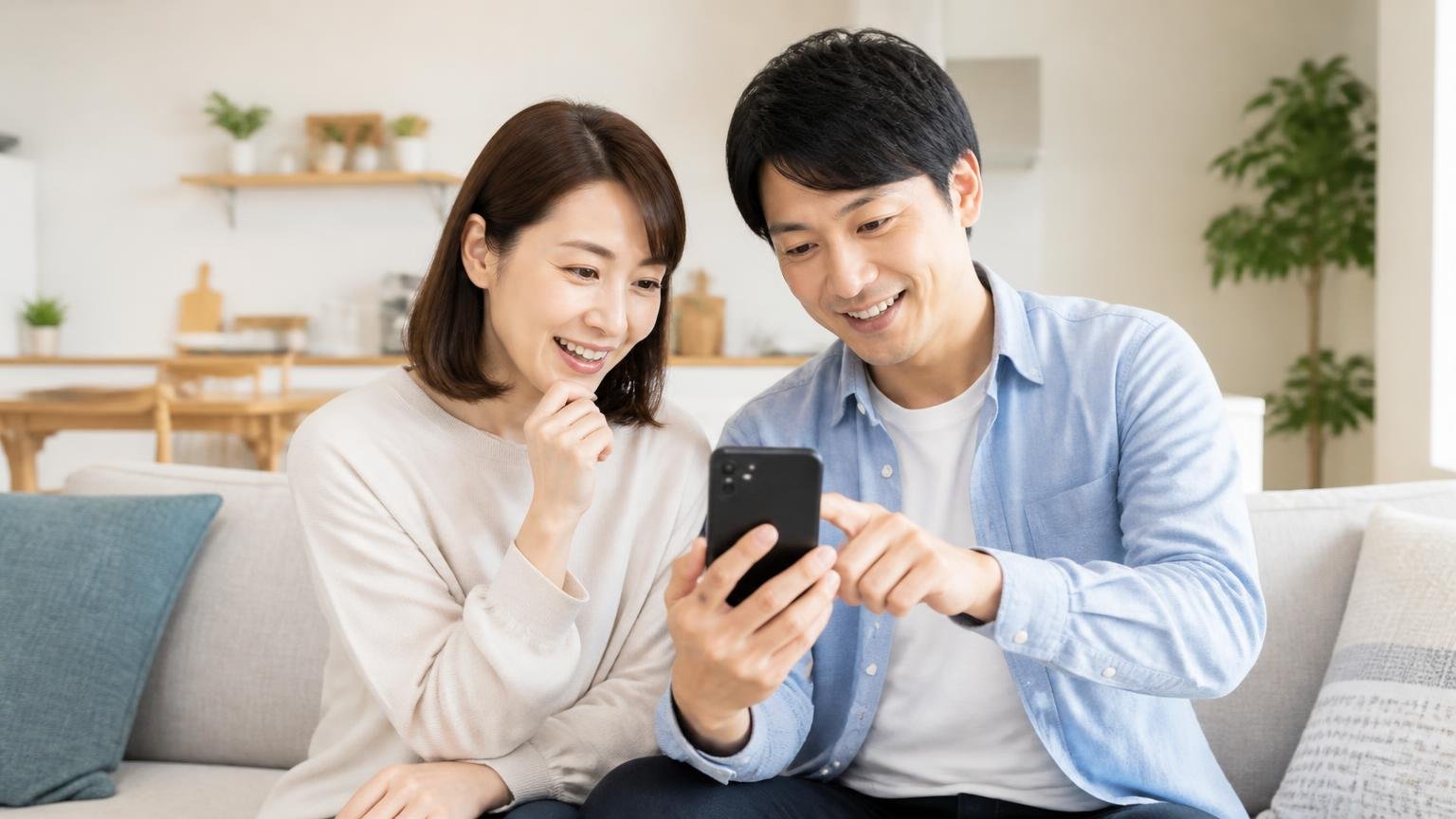 断熱材の被害を確かめるなら無料調査から 戸建てのリビング 夫婦2人がスマホを見ながら相談し前向きな表情
