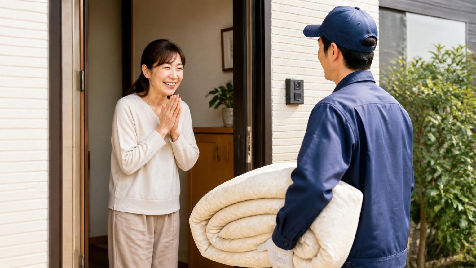 布団のふんで悩んだ人が最初に相談する窓口。玄関前で女性1人が作業員を迎え安堵の表情