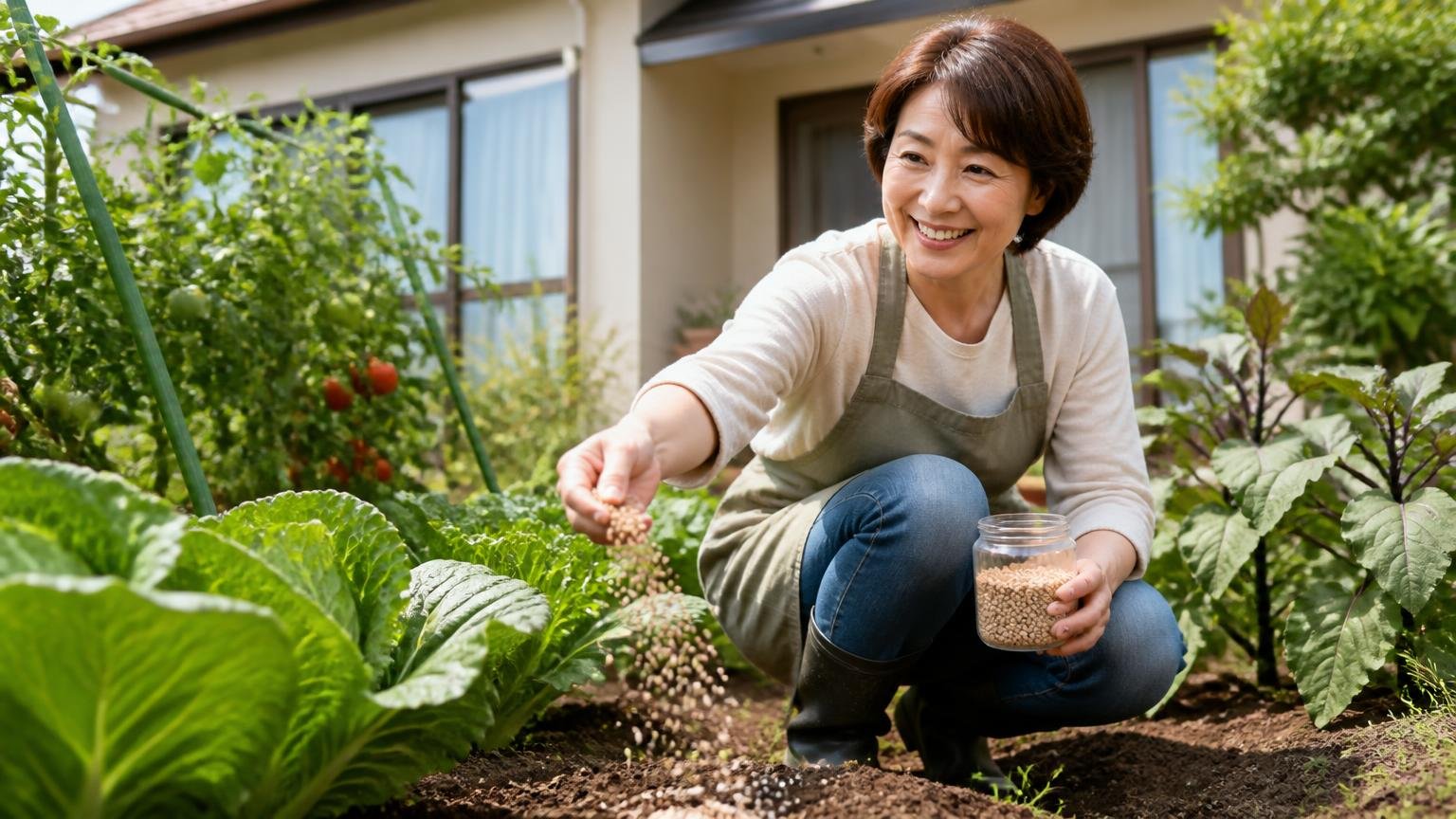 忌避一番が向いている人の条件|戸建ての家庭菜園で50代女性が野菜のまわりに粒剤をまいて笑顔になる