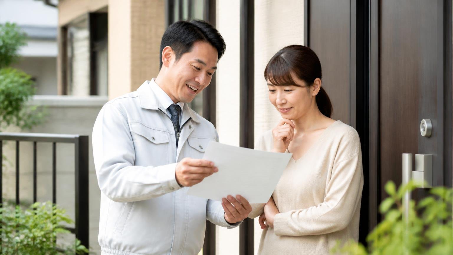 正露丸の次に進む人が最初に相談する窓口、住宅の玄関前で見積書を確認、男女2人、うなずきながら安心した表情