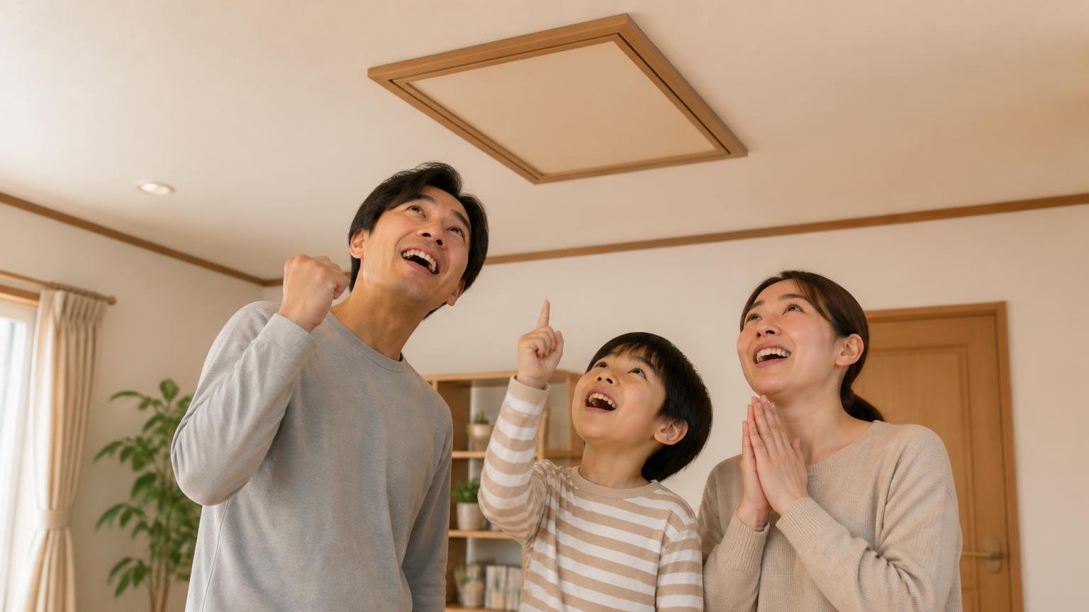 天井裏の音を止めるために今日できること。木造戸建てのリビングで家族3人が安心した表情で天井を見上げる