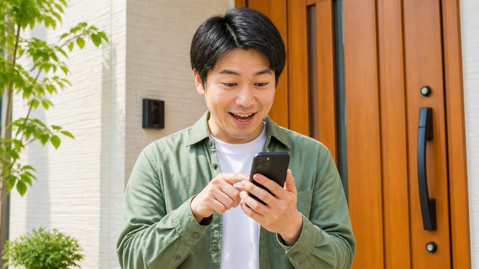 今シーズンのうちに動きたい人へ。玄関先で住人1人がスマホを手に前向きな表情で問い合わせを始める