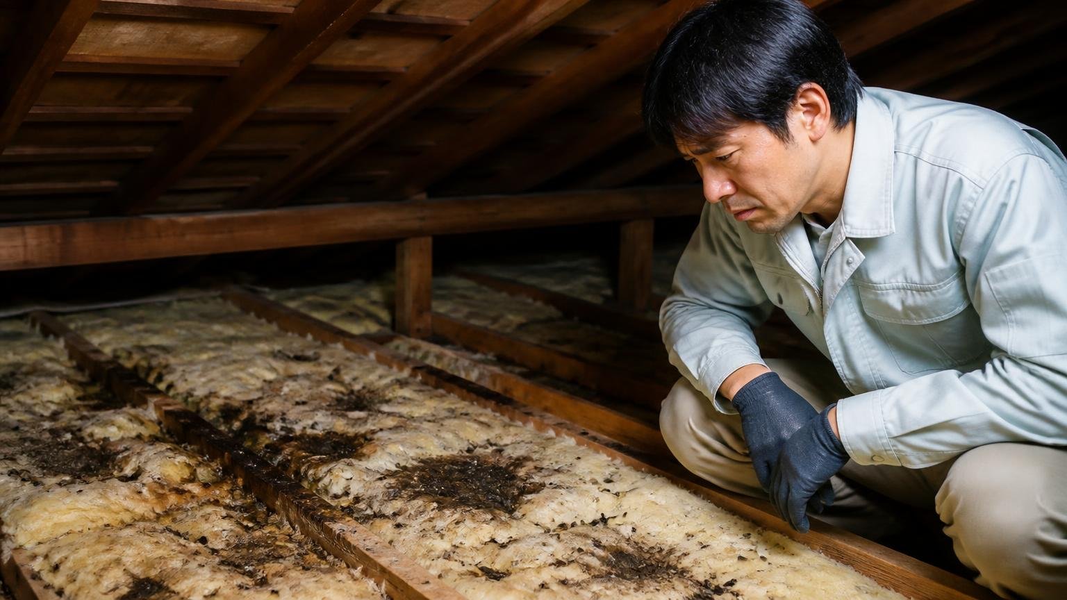 忌避一番が向いていない人の条件|木造戸建ての天井裏でフン尿のシミと荒れた断熱材を40代男性が肩を落として見る