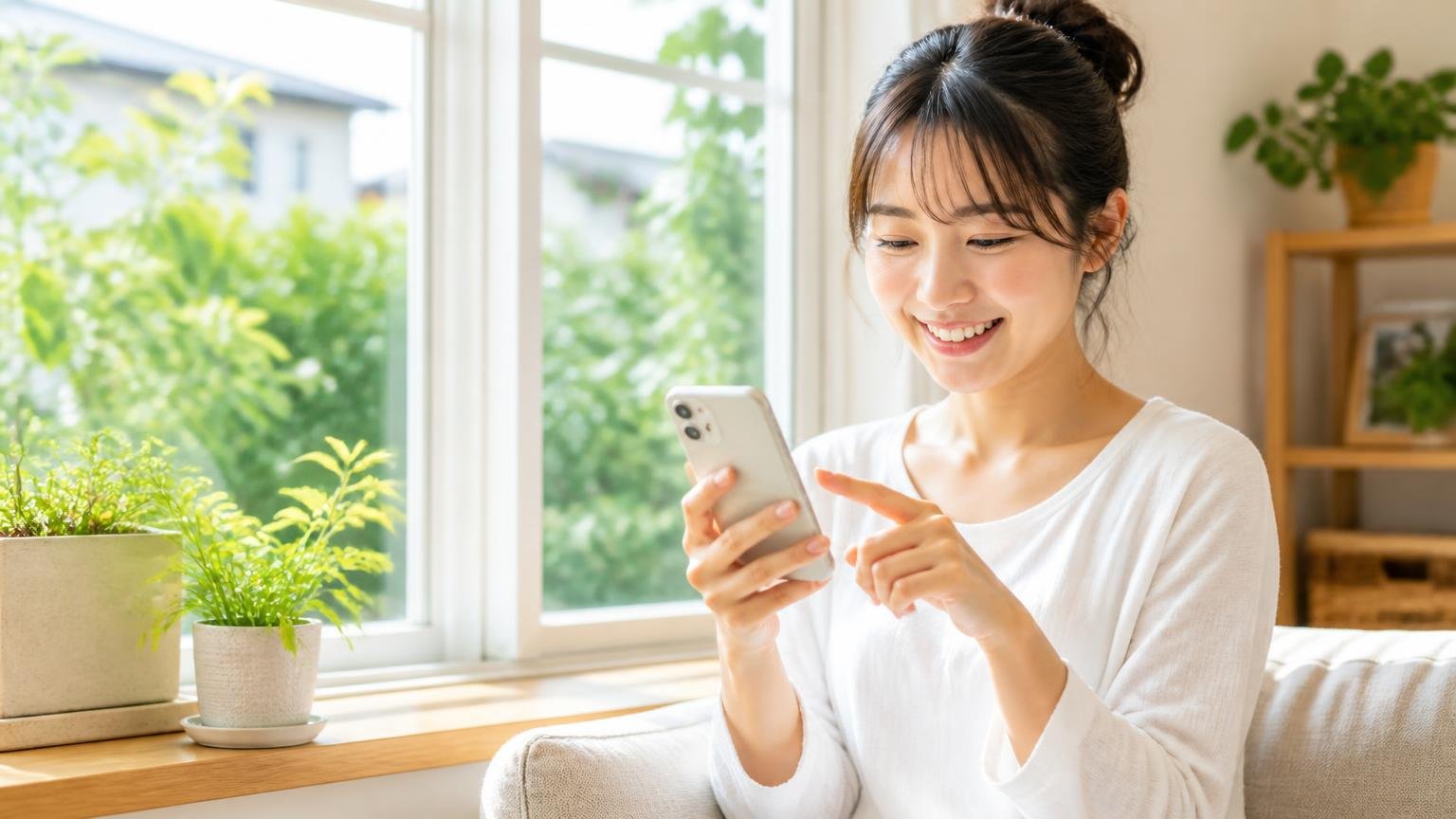 明日の朝やること、リビングの窓辺で朝日、スマホで見積もりを申し込む女性1人、晴れやかな表情