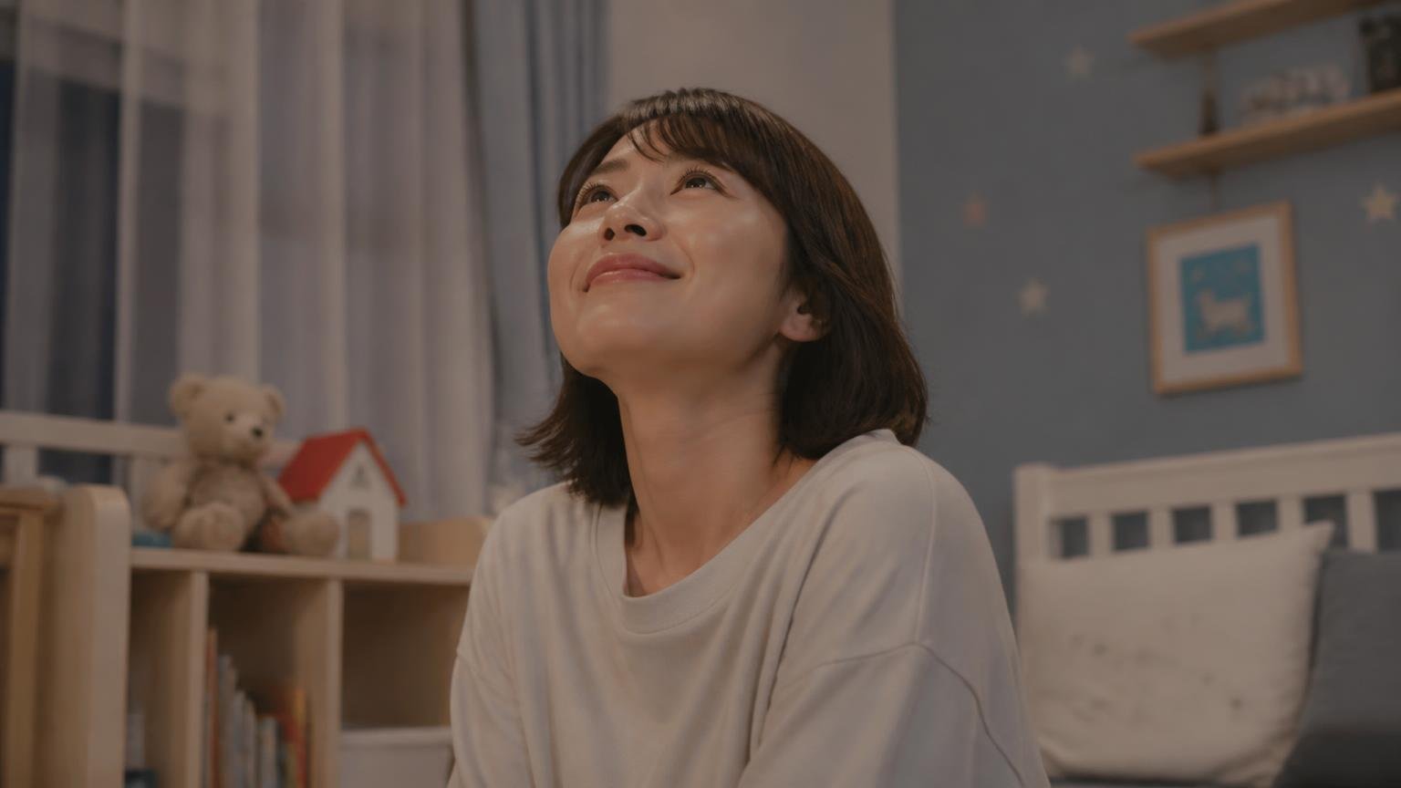 今日からできる4ステップ|静まった夜の子ども部屋で天井を見上げて微笑む30代女性1人