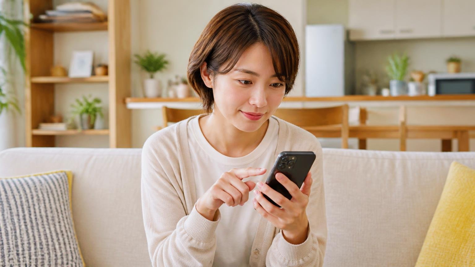 買い足す前に無料で見てもらうという決め方|住宅のリビングで30代女性がスマホを手に問い合わせフォームを開く