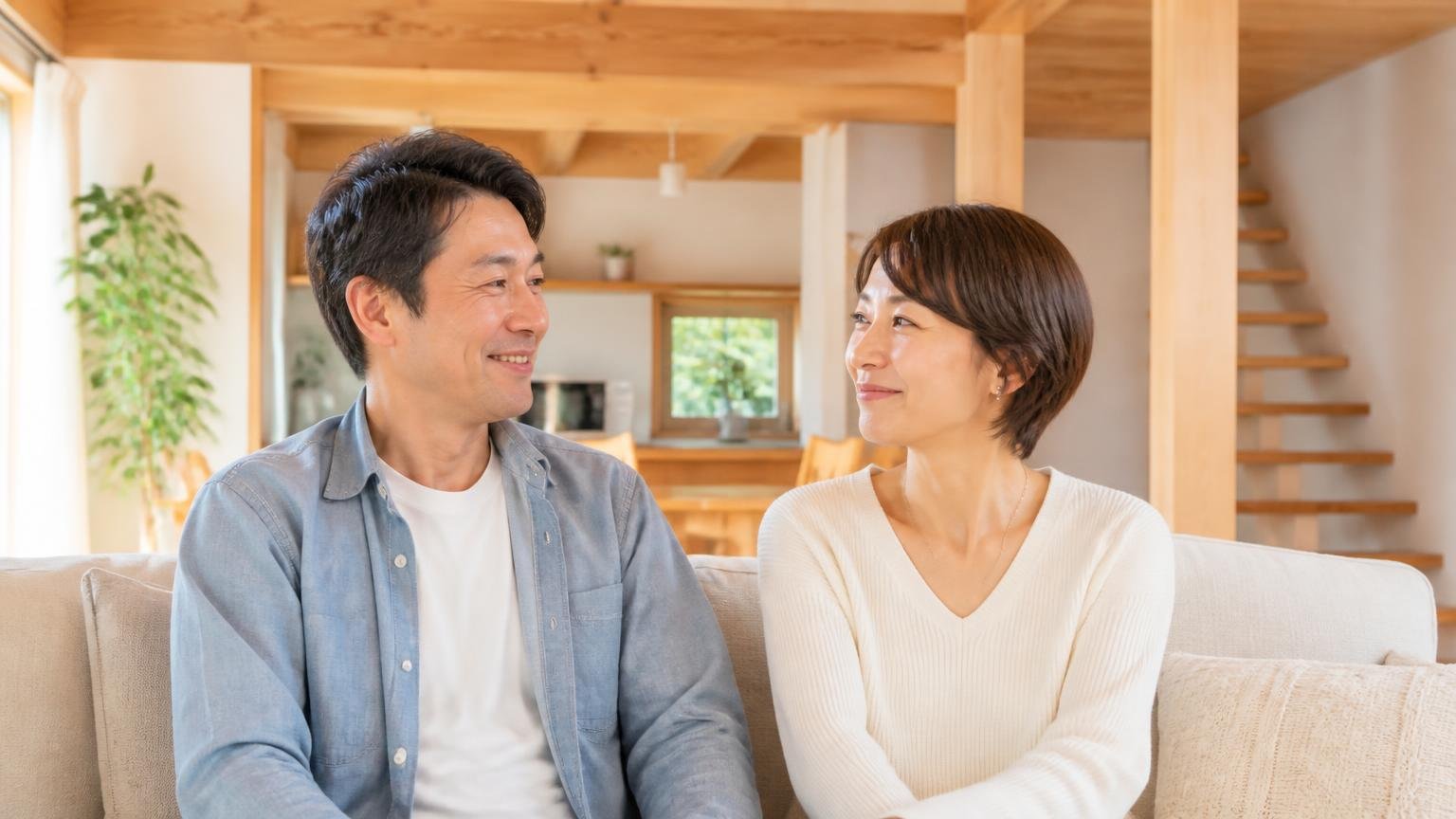 この記事の結論をもう一度。木造戸建てのリビングで夫婦2人が安心した表情でうなずき合う