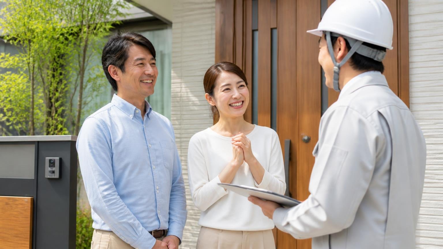 無料見積もりの窓口に相談する。木造戸建ての玄関前で住人2人が作業員を迎え安心した表情