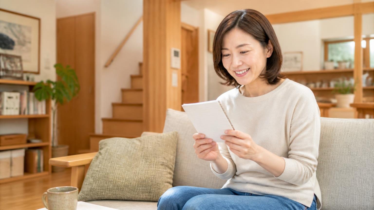 この記事で分かったこと 木造戸建てのリビングでメモを見返し表情が明るくなる40代女性が座っている