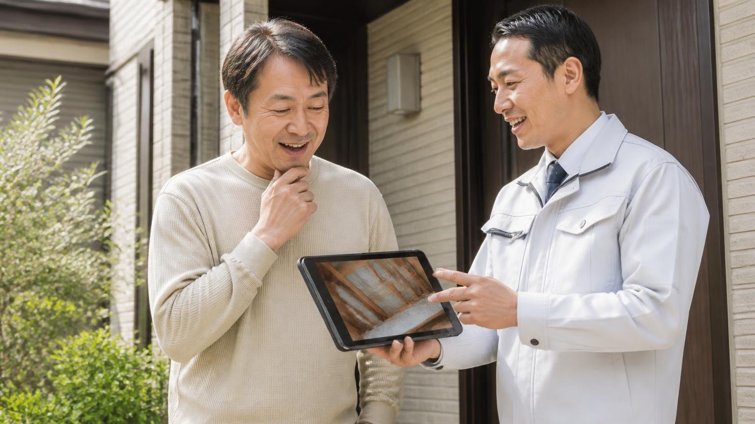 無料で見てもらう窓口 住宅の玄関前で相談 住人1人と作業員1人 天井裏の写真を見ながら安心した表情
