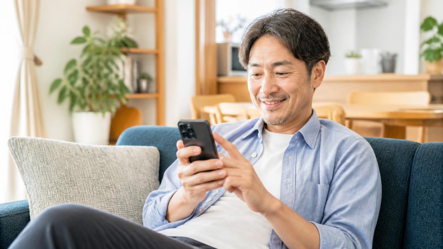 無料見積もりを申し込む場面 リビングのソファでスマホを操作する 40代男性が肩の力を抜く