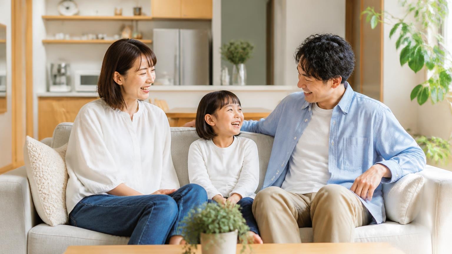 無料相談できる業者 木造戸建てのリビングで家族3人が安心した表情でくつろぐ