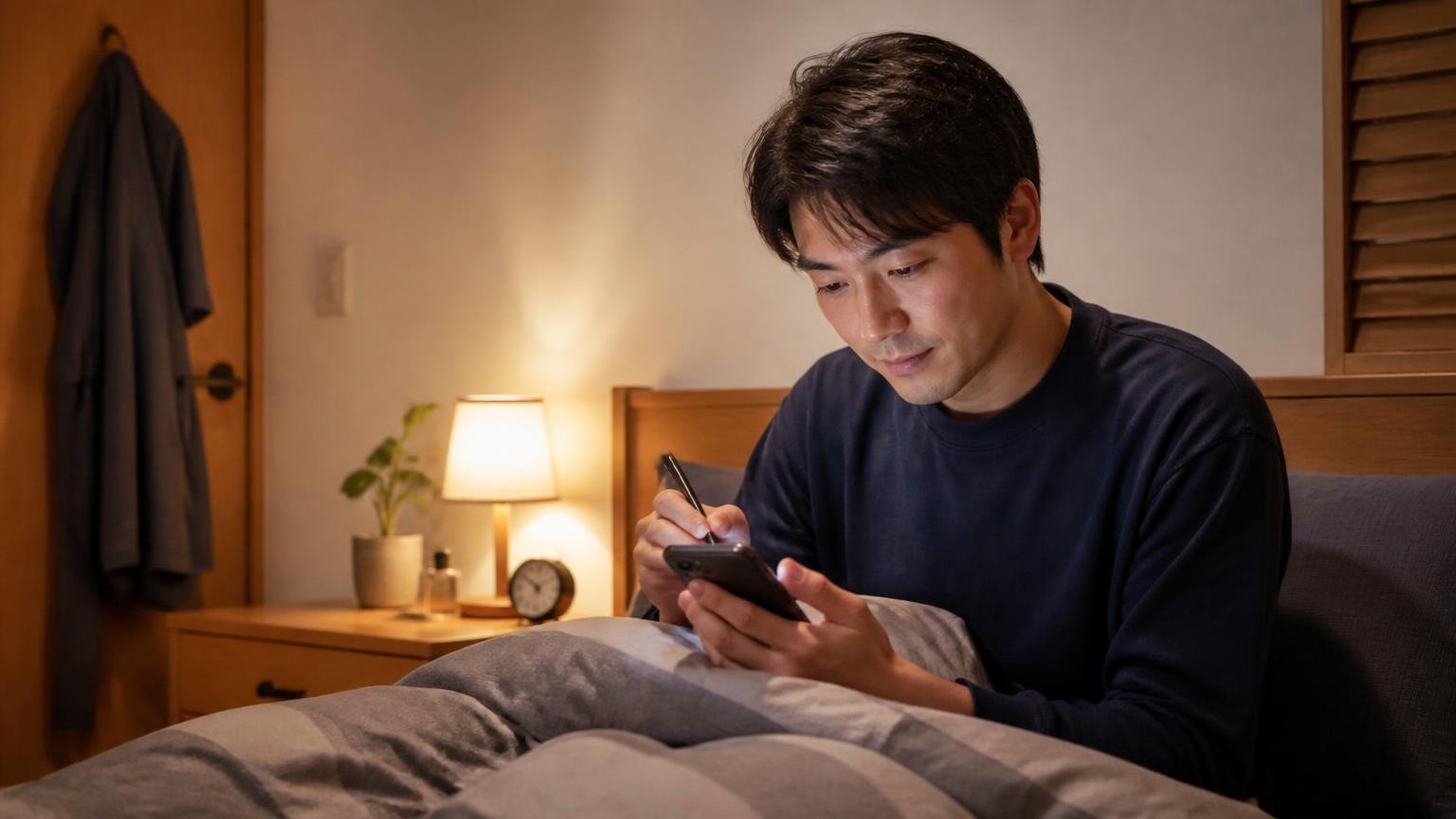今夜からできる小さな一歩 深夜の木造戸建て寝室でスマホにメモを取る30代男性が落ち着いた表情