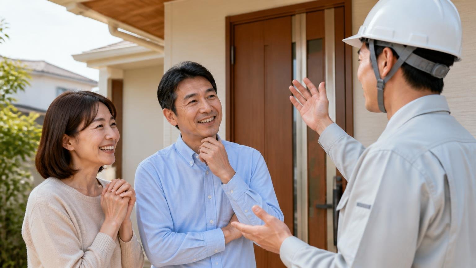 今夜の不安を明日の判断に変える。木造戸建ての玄関先で作業員に天井裏の状況を聞く40代夫婦2人が安堵
