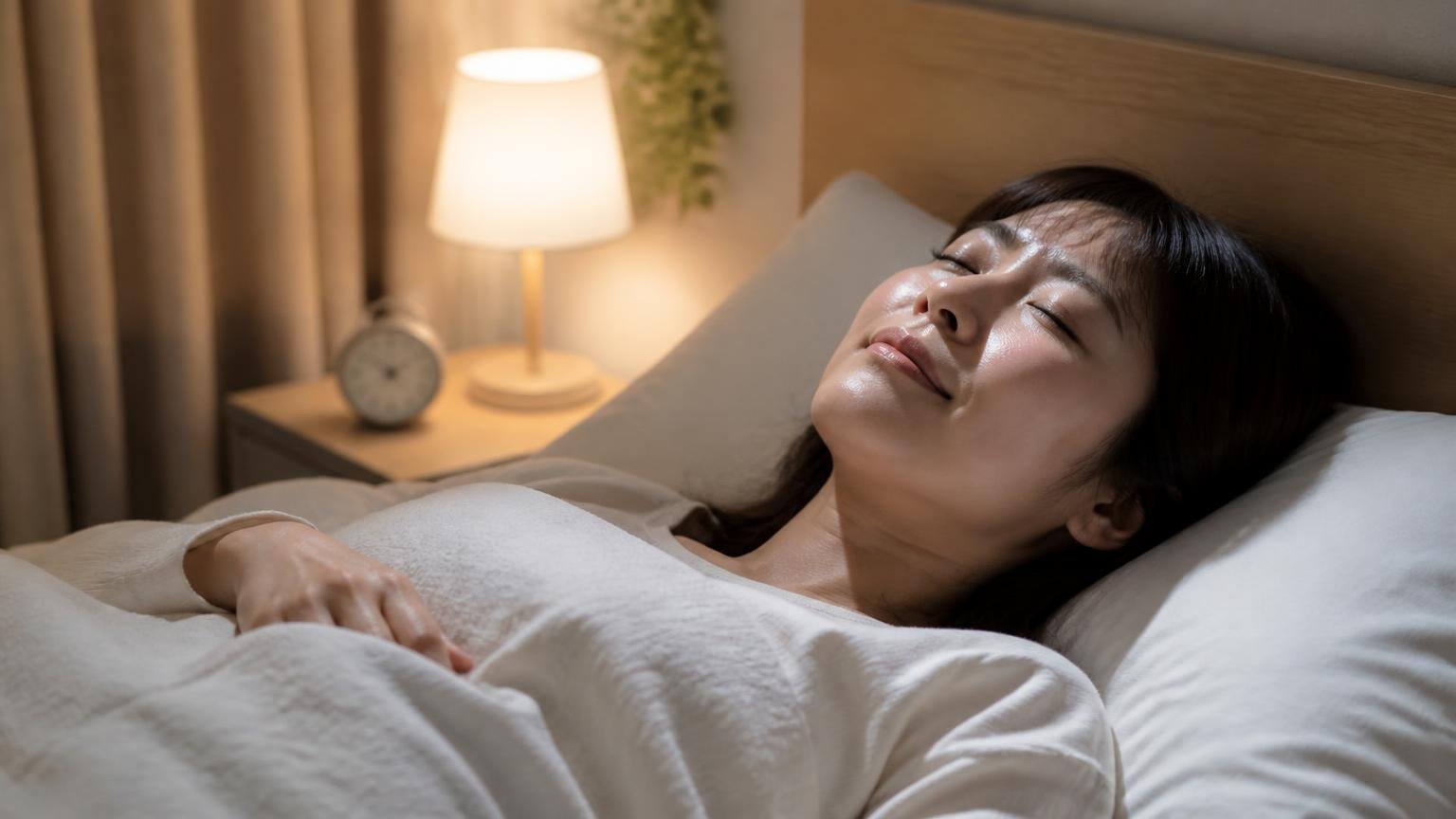 天井の音がしない夜を取り戻す。夜の寝室で天井を見上げていた30代女性が安堵の表情で目を閉じる