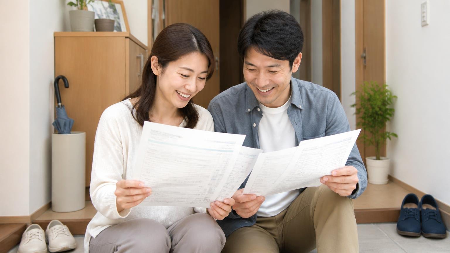 相見積もりの1社目に入れておきたい無料調査つきの駆除業者3選/玄関で書類を見比べる夫婦2人が笑顔