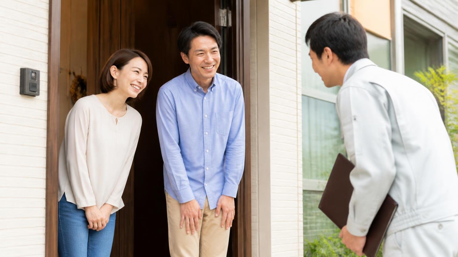 まずは無料の現地調査から 玄関前で作業員を迎える住宅 男女2人 笑顔で会釈しあい安心した表情