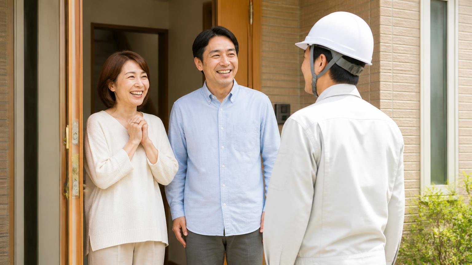 天井裏の音を終わらせる無料の一歩|戸建ての玄関前で40代夫婦が作業員を出迎えて安堵の表情を見せる