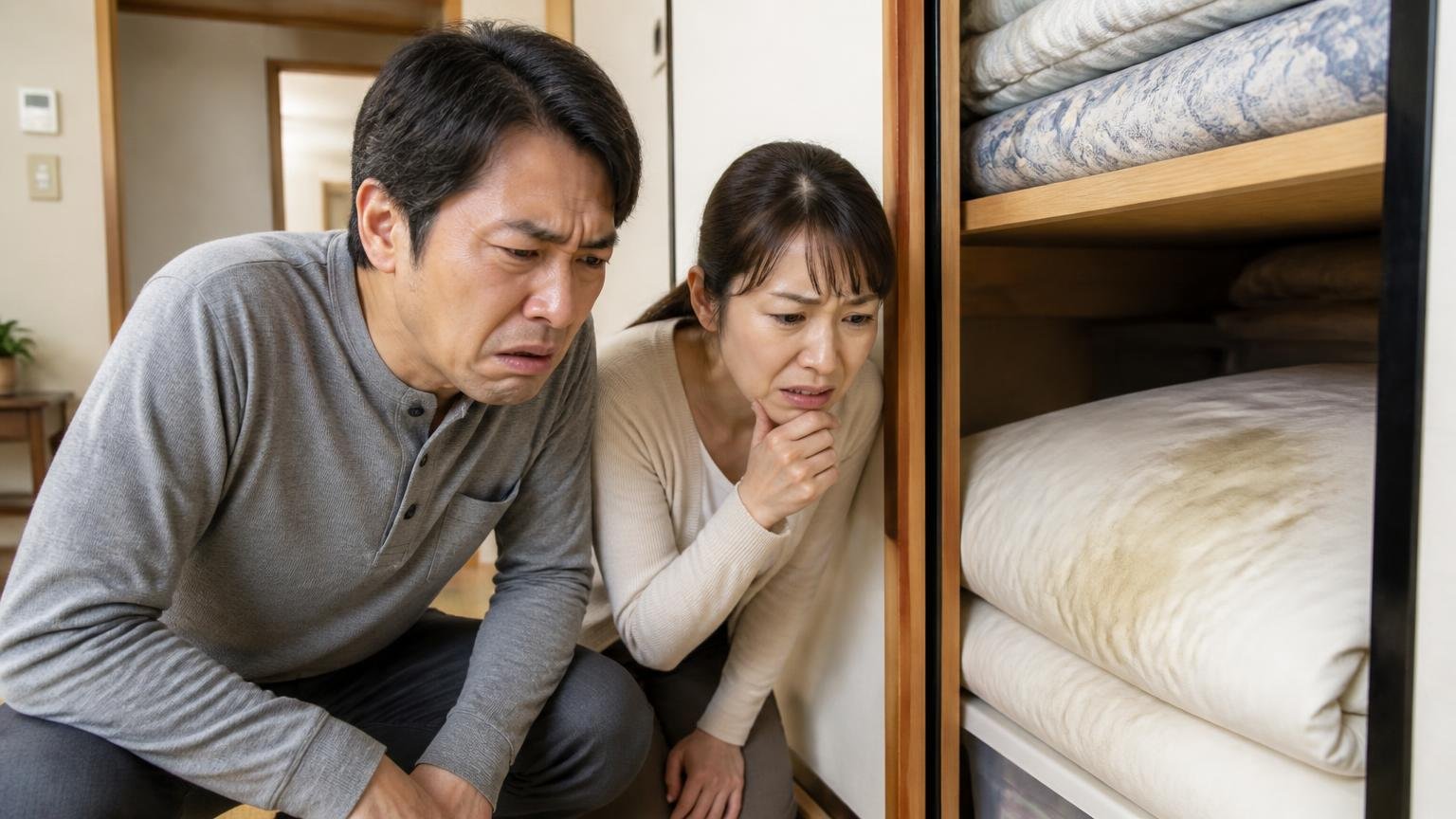 ふんの大きさと形で見分ける早見表。押し入れ前で夫婦2人が布団をのぞき込み眉をひそめる