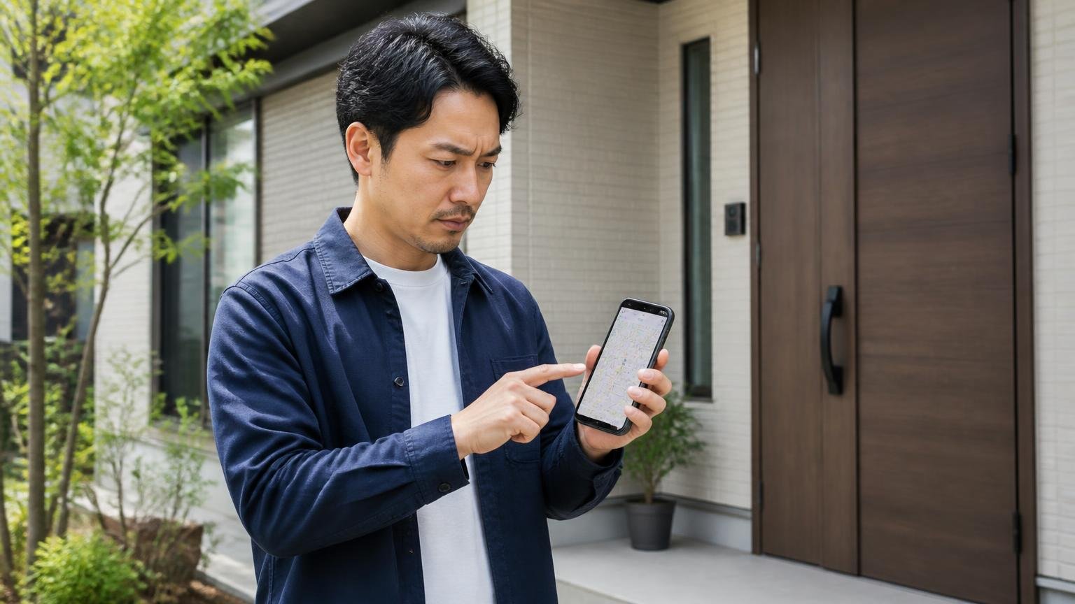 対応エリアの確認 自宅の玄関前で男性1人がスマホの地図を見て確認する