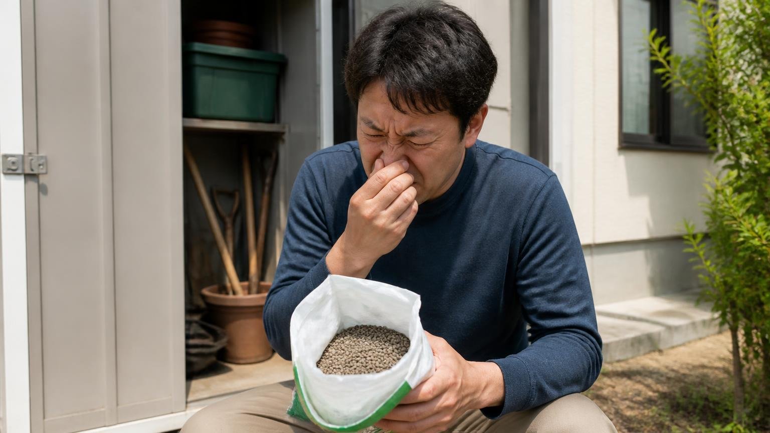 木タールなど天然成分のにおいで寄せつけない仕組み|住宅の物置前で40代男性が粒剤の袋を開けて顔をしかめる