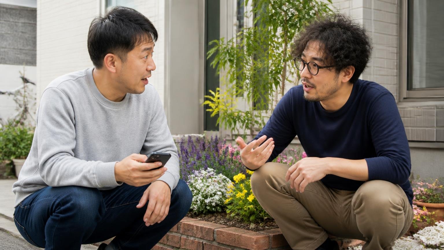 ガムが効いたという体験談も実在する|自宅の花壇まわりでスマホを見ながら話し込む住人2人