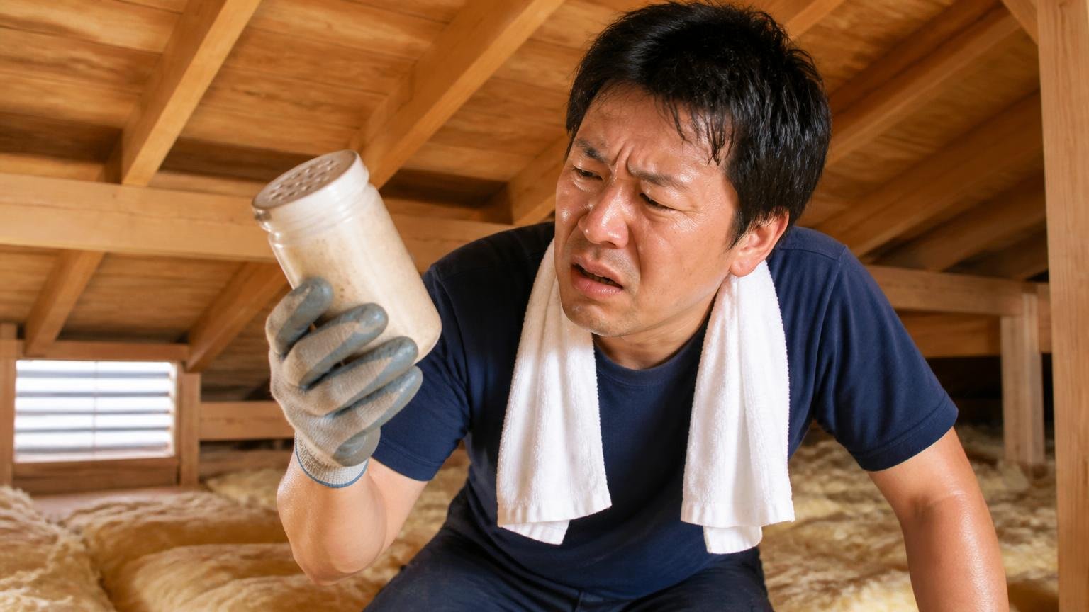 においには効き目の期限がある。夏の暑い屋根裏で、男性1人が乾いた忌避剤の容器を手に取り眉をひそめる