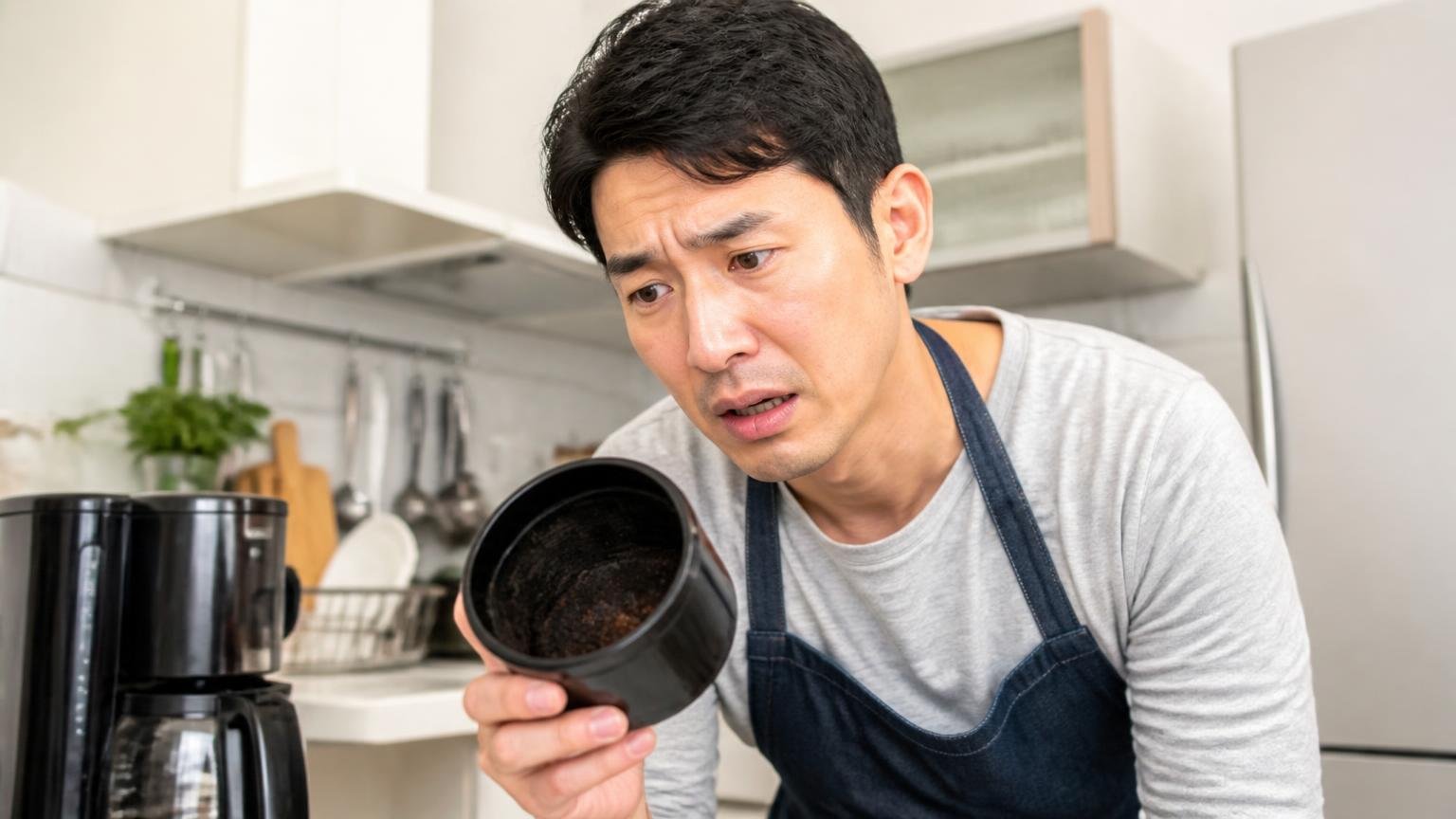 失敗①:量が絶望的に足りていない キッチンでコーヒーかすの容器を覗き込む男性1人が困った顔