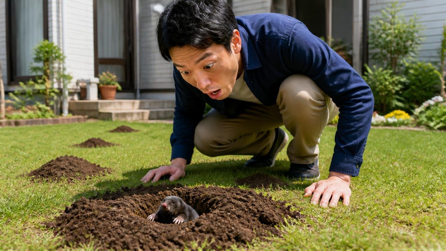 モグラは目がほとんど見えない代わりににおいに敏感、戸建ての庭の芝生、男性1人、しゃがんで土の穴をのぞき込み驚いた表情