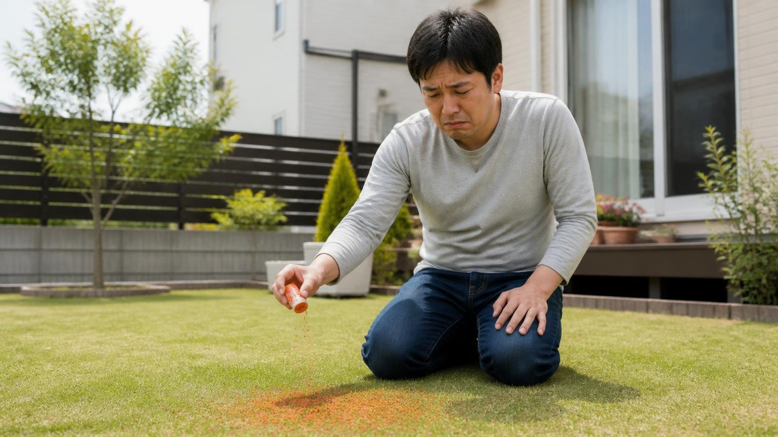 つまずき①地面の上にまいている、住宅の芝生の庭で男性1人が七味を地面にまき肩を落とす