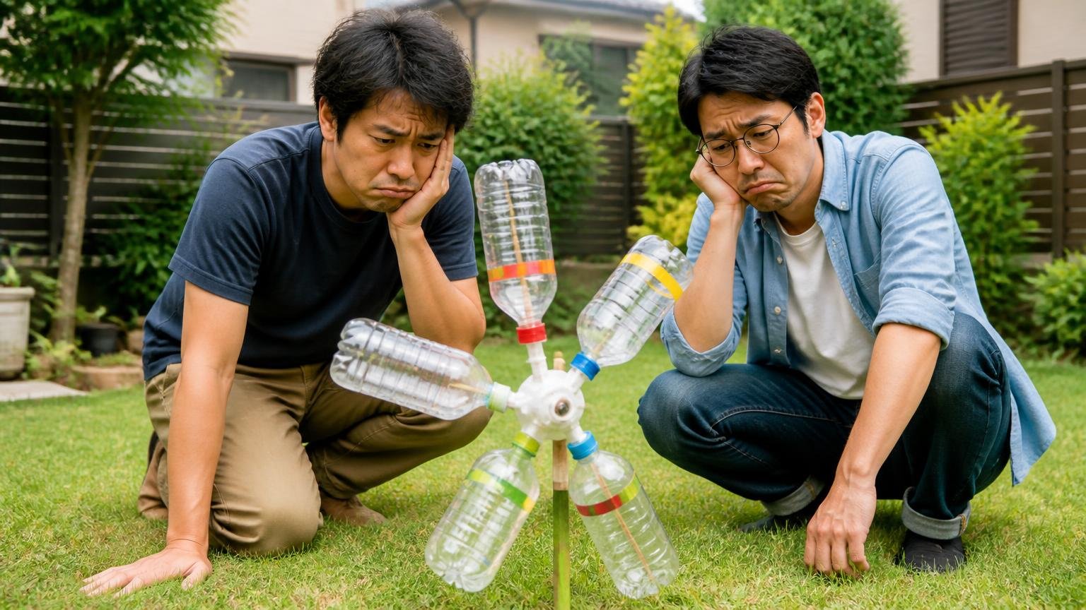 臭い・音・振動に共通する「慣れ」の壁 芝生の庭 男性2人 ペットボトル風車を前に肩を落とす