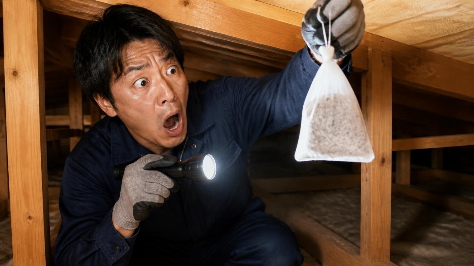原因①ハクビシンは匂いに慣れる 木造戸建ての天井裏 作業員1人が懐中電灯で忌避剤の袋を照らし驚く表情