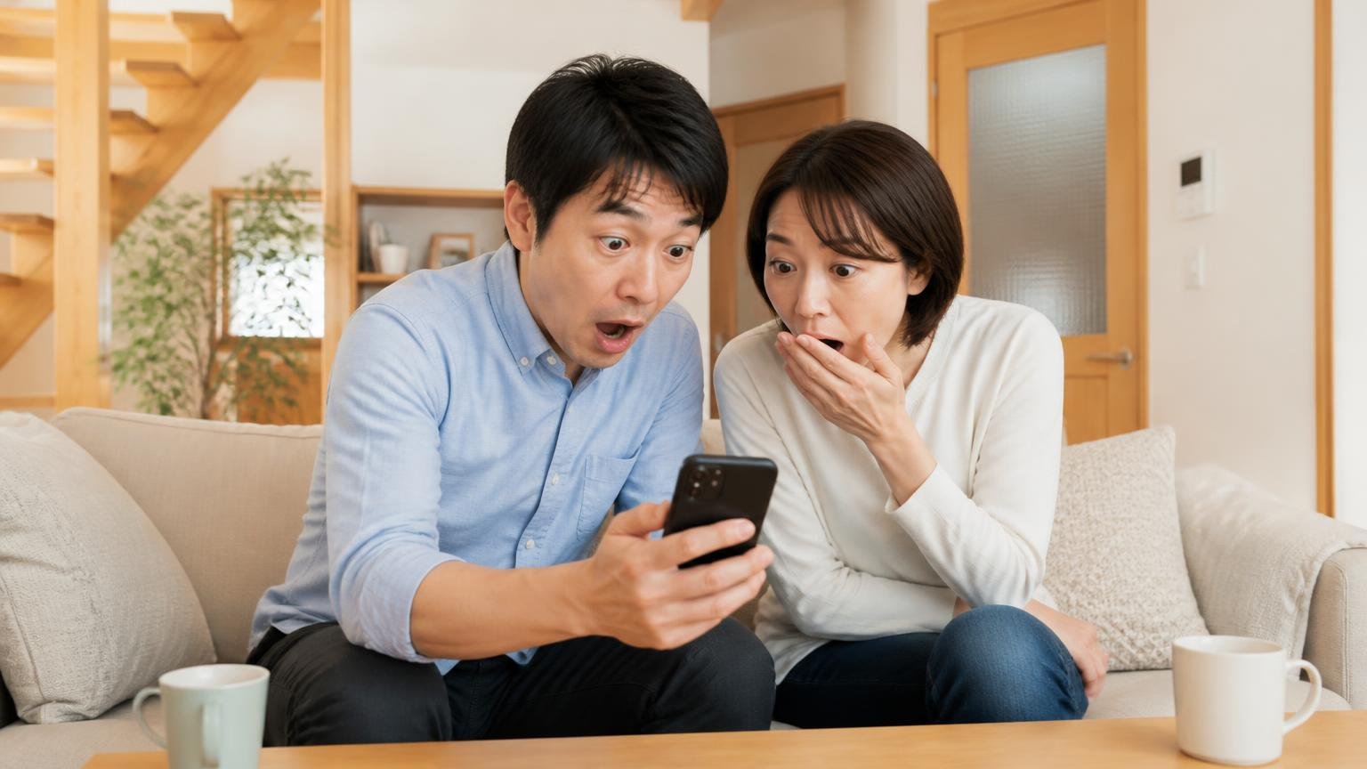 Googleマップの口コミ6件を確認する。木造戸建てのリビングで夫婦2人がスマホを覗き込み驚く