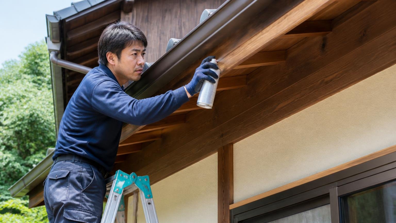 理由①手が届く場所に使う 木造戸建ての軒下で脚立を使いスプレーする住人1人 真剣な表情