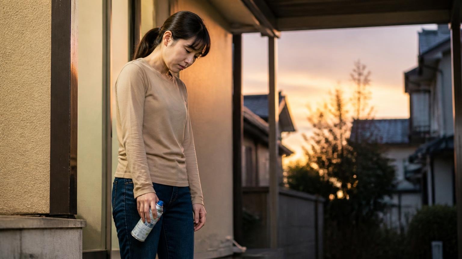 においは数時間から半日で飛んでしまう。夕暮れの住宅の軒下で女性1人がスプレー缶を持ち肩を落とす